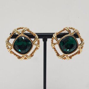 NWT Savvy Swarovski Emerald Green Crystal Pierced Earrings Open Rope Design